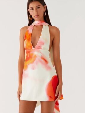 Peppermayo Sleeveless Watercolor Halter Mini Dress in Cream & Orange